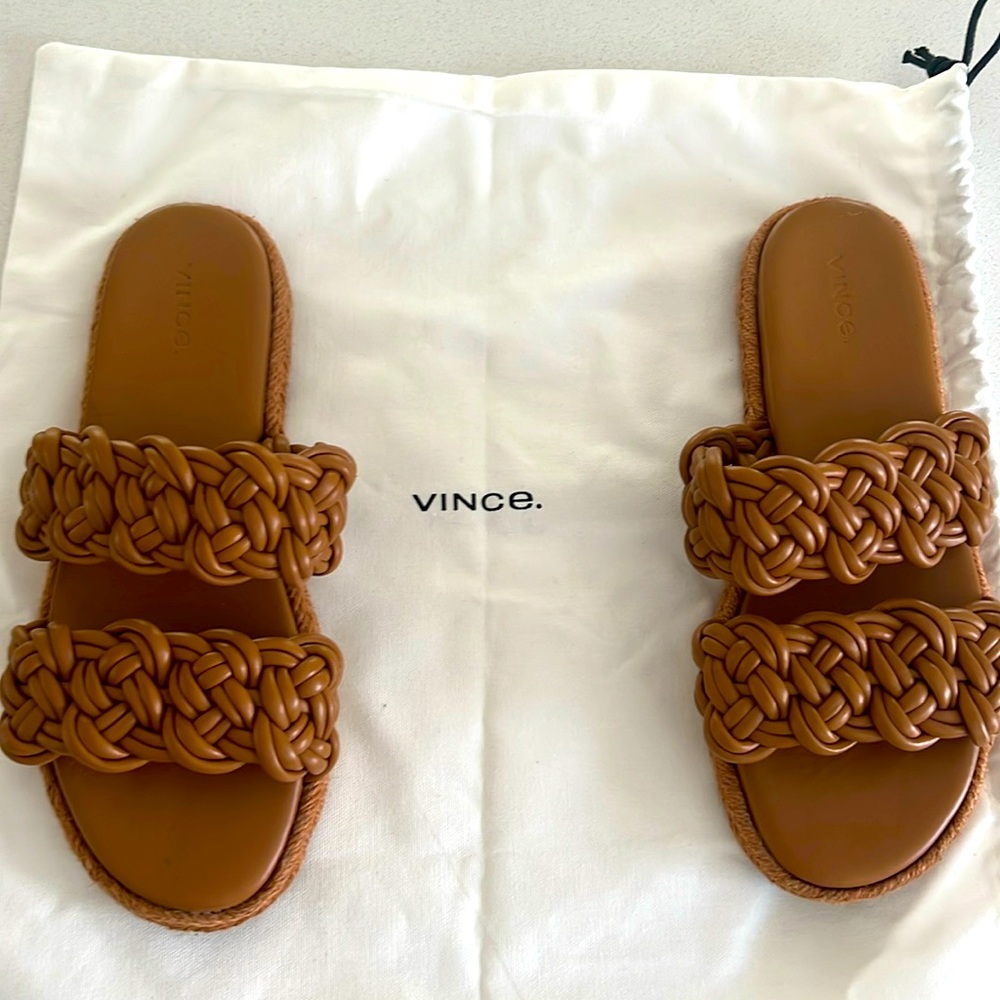 Vince Slide Sandal Brown Wide Braid Straps Flat Espadrille Size 8.5